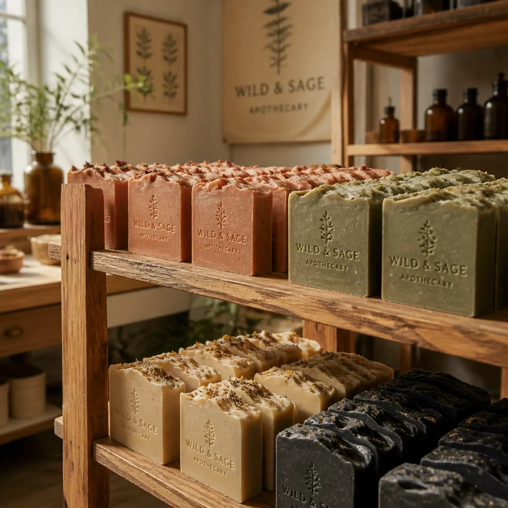 Artisanal soap bars drying on wooden aging racks in soap studio