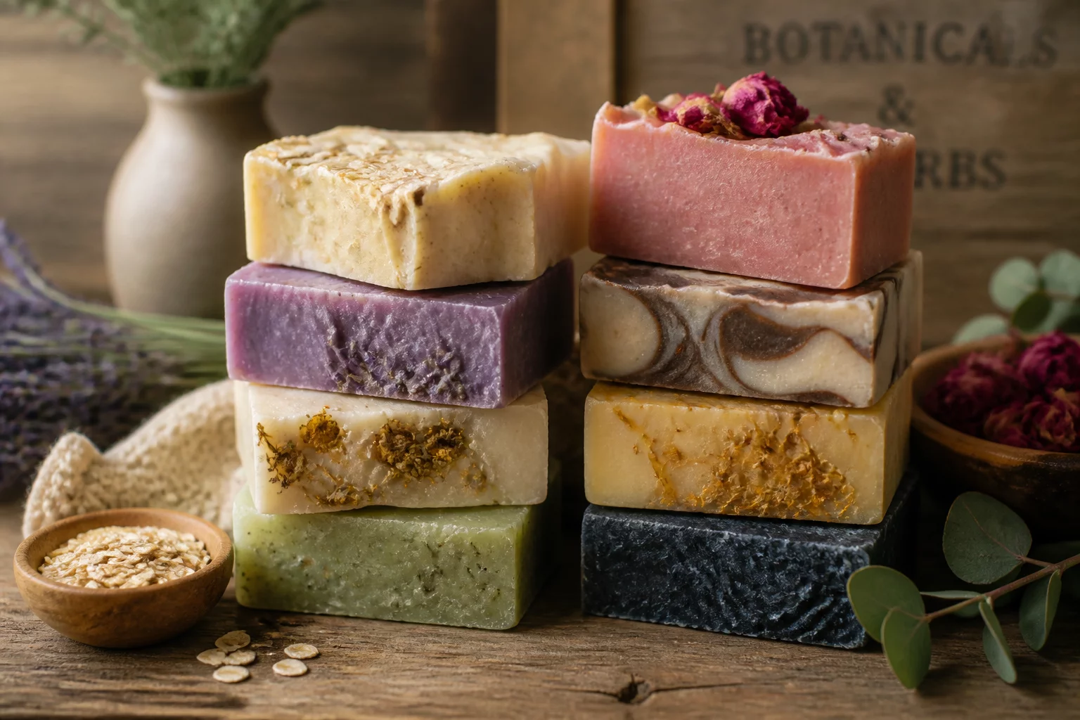 Artisanal cold process soap bars with natural herbs and botanical oils