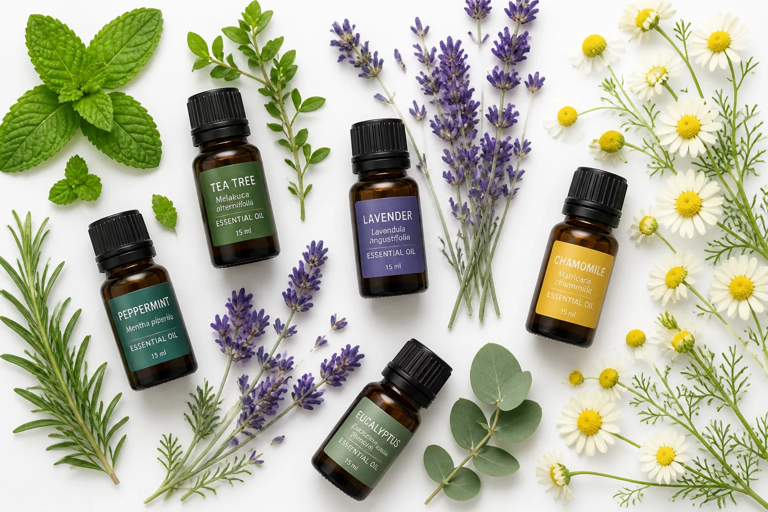 Pure plant essential oils and botanical ingredients in amber dropper bottles