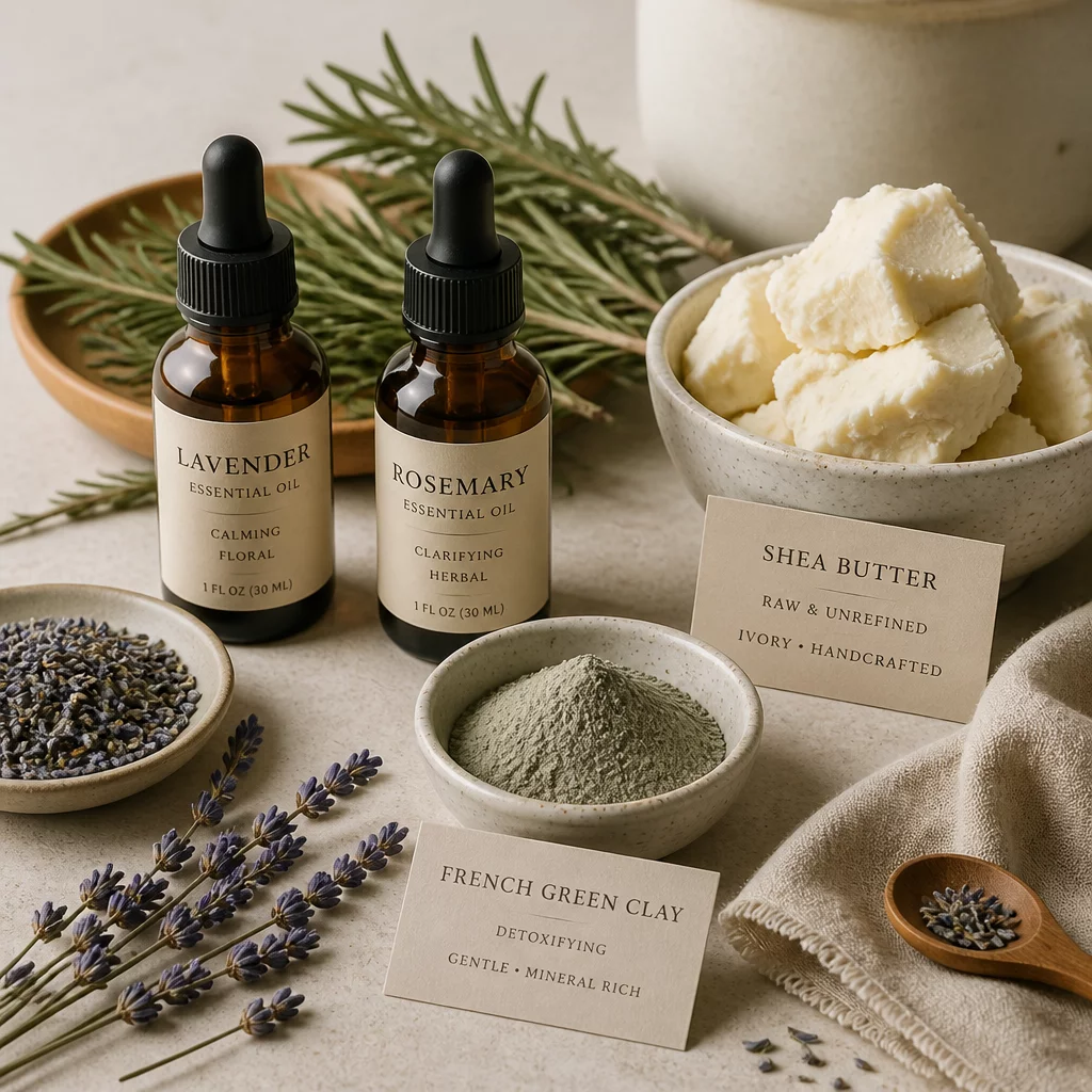 Raw botanical soap ingredients and cold-pressed essential oils