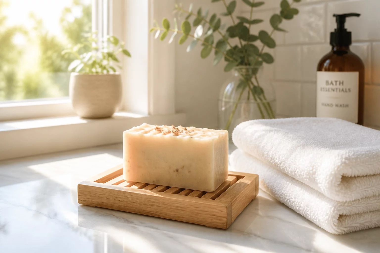 Handmade soap resting on a wooden slatted drainage dish